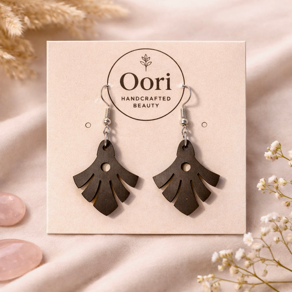 Oori Noir Ginkgo Fan Wooden Earrings