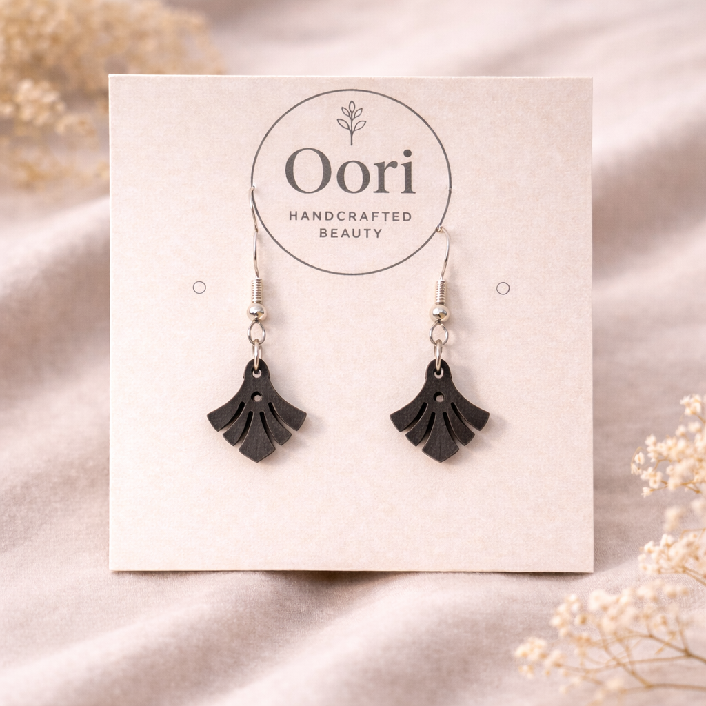 Oori Noir Mini Ginkgo Fan Wooden Earrings
