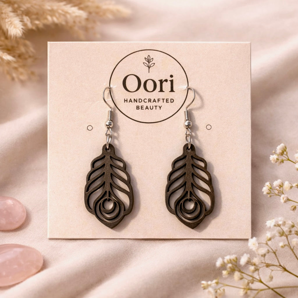 Oori Noir Ethereal Leaf Drop Wooden Earrings