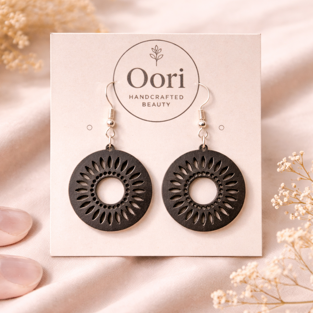 Oori Noir Sunburst Mandala Wooden Earrings
