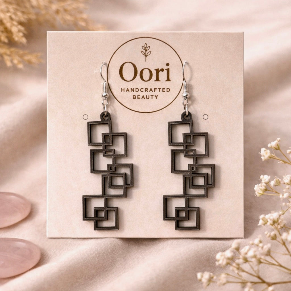 Oori Noir Geometric Cascade Wooden Earrings